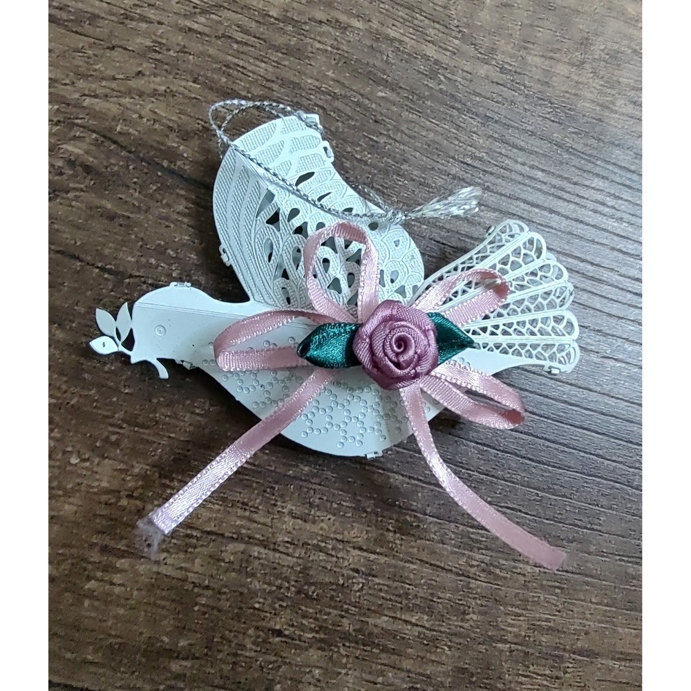 Vintage Christmas Ornament White Meta Dove Victorian-Style Mauve Rose Z28